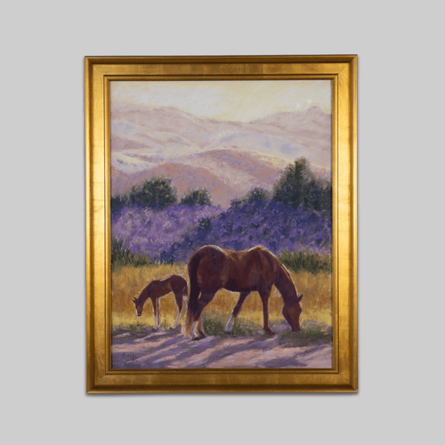 Me and My Shadow, original painting by Lynn Attig; horses grazing in a lavender field at sunset
