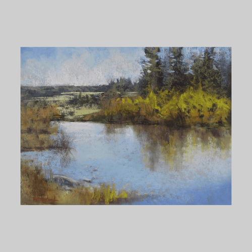 Mirror Lake, original artwork by Dawn Buckingham, landscape with blue sky and water.
