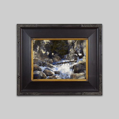 Nature's Rush, original artwork by Rachel White, framed dark-wood with gold border, rocky landscape.