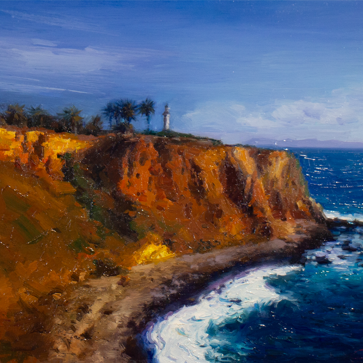 Original artwork Untitled by Charlton Chen, coastal cliff scene with lighthouse and blue sea.