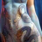 Print: One Stroke Dragon by Paul Roustan — blue-toned artwork with gold dragon motif.