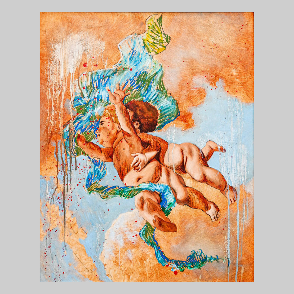 Print: Two to Tango but One to Fuck You Up, orange backdrop with entwined dancers, VEFA Gallery