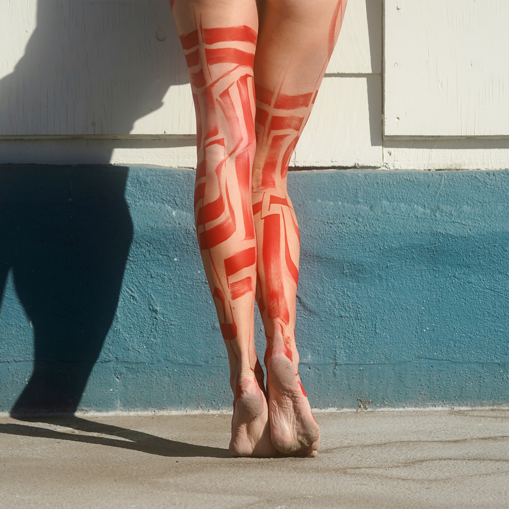 Red Boots photograph by VEFA Gallery: legs covered in red abstract body paint against a white and teal wall.