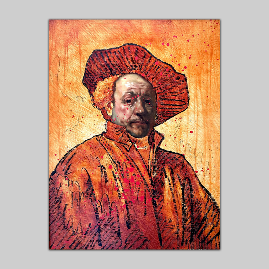 Print: Rembrandt El Chingon, VEFA Gallery - orange-toned portrait with hat and red splatters