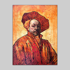 Print: Rembrandt El Chingon, VEFA Gallery - orange-toned portrait with hat and red splatters