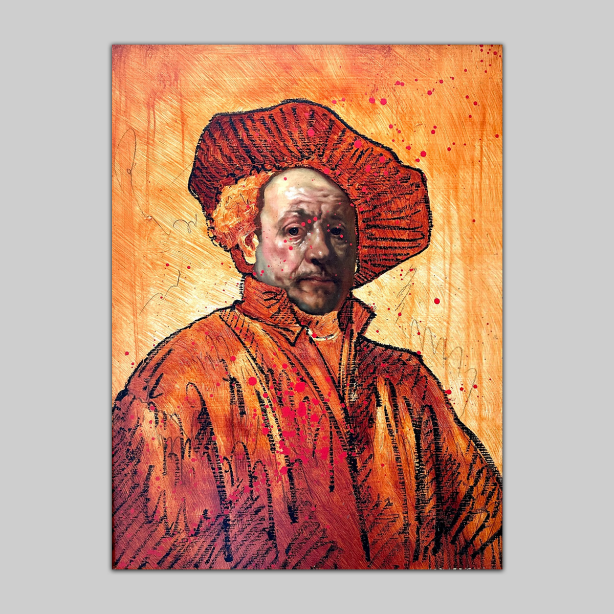 Print: Rembrandt El Chingon, VEFA Gallery - orange-toned portrait with hat and red splatters