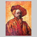Rembrandt El Chingon print by VEFA Gallery; orange-toned portrait with a broad-brim hat and red splatters.