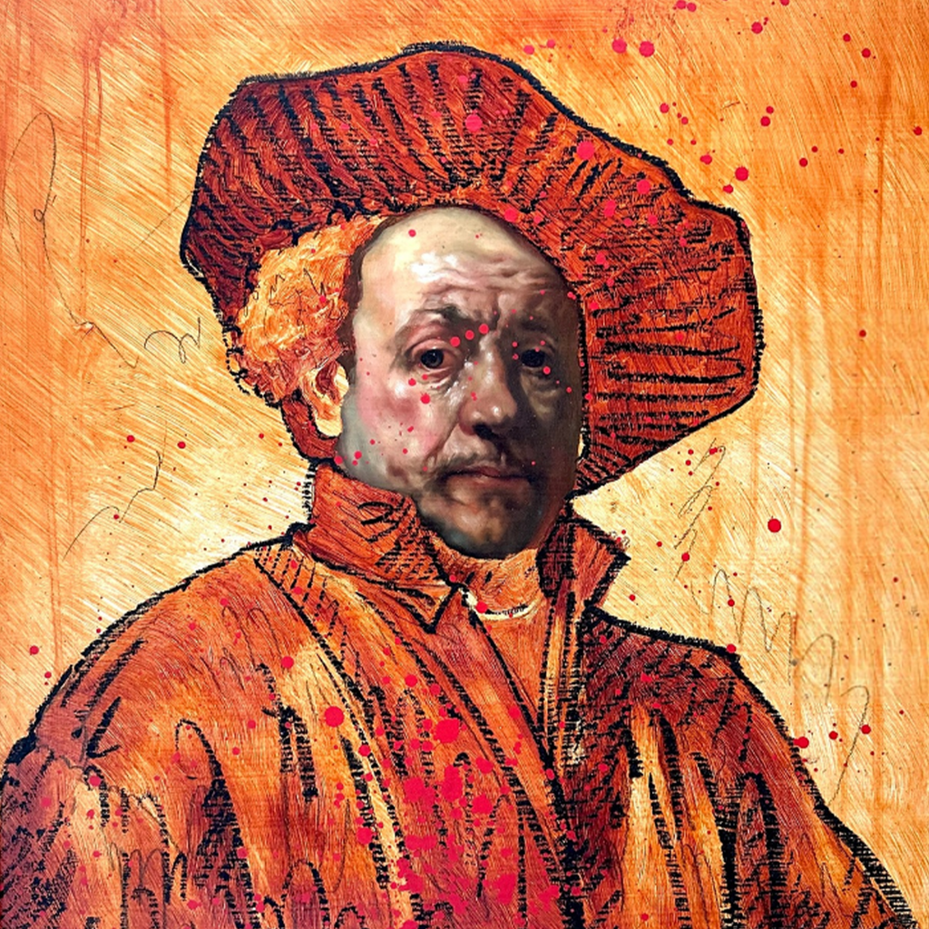 Rembrandt El Chingon print by VEFA Gallery, orange-toned portrait with bold black linework and red splatters.