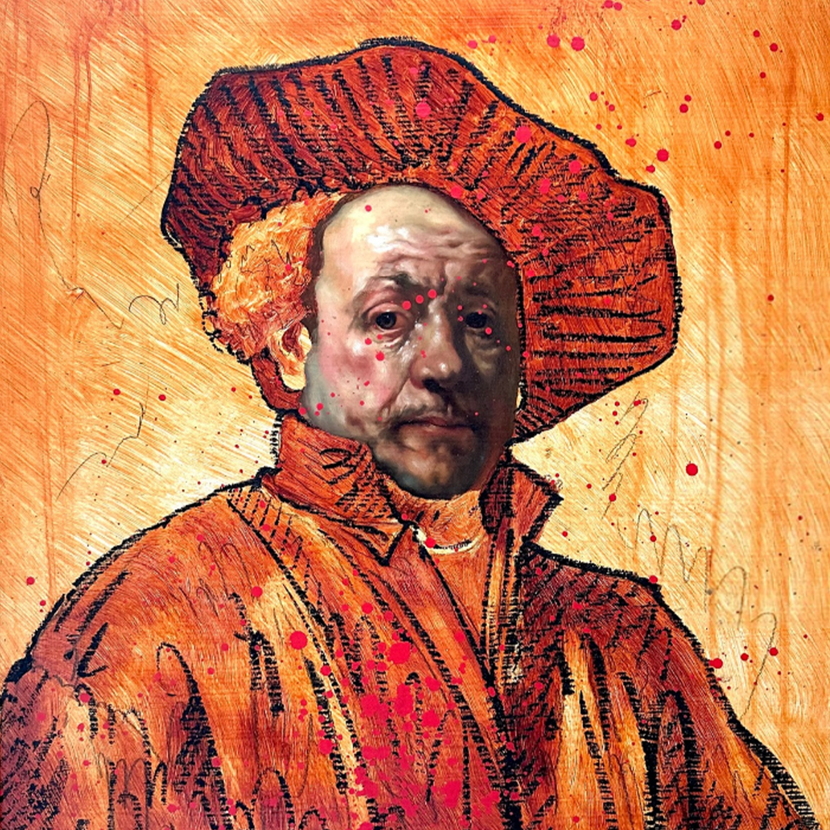 Rembrandt El Chingon print by VEFA Gallery, orange-toned portrait with bold black linework and red splatters.
