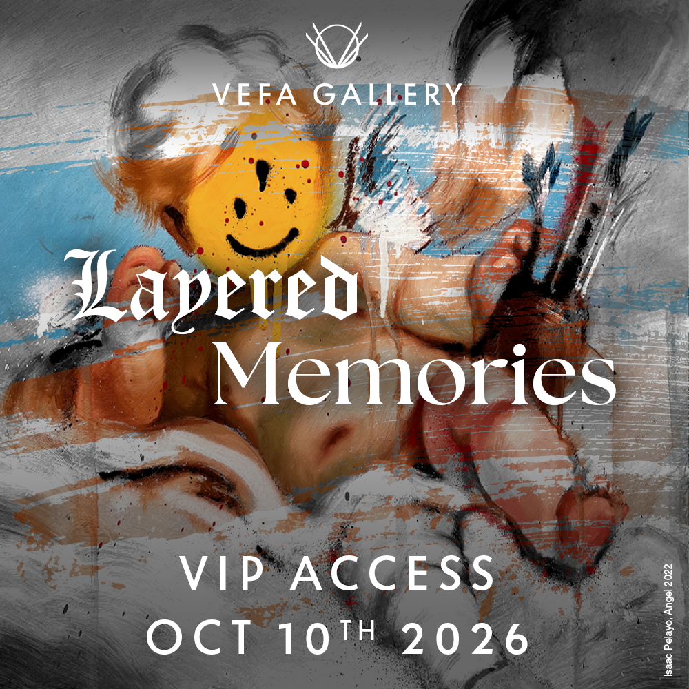 VIP ticket: Layered Memories by VEFA Gallery; painted poster with smiley face and paint-splattered hands