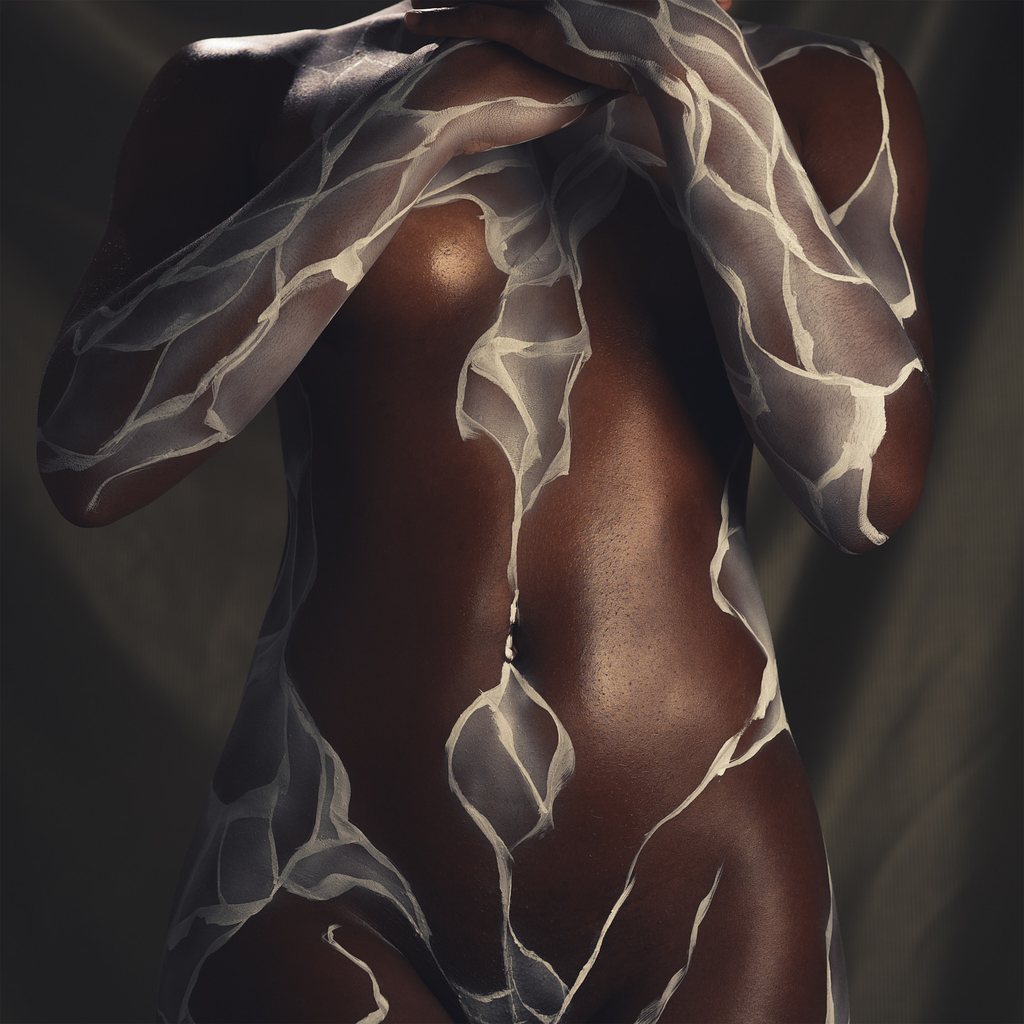Flow ii print by Paul Roustan; close-up of a dark-skinned torso wrapped in a translucent patterned scarf.