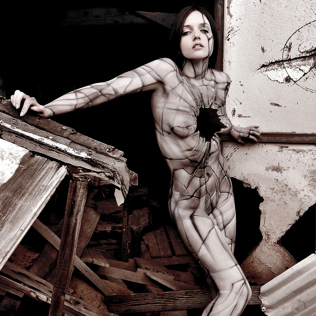 Original Acrylic Abandoned by Paul Roustan; monochrome portrait of a woman in a patterned bodysuit amid debris.