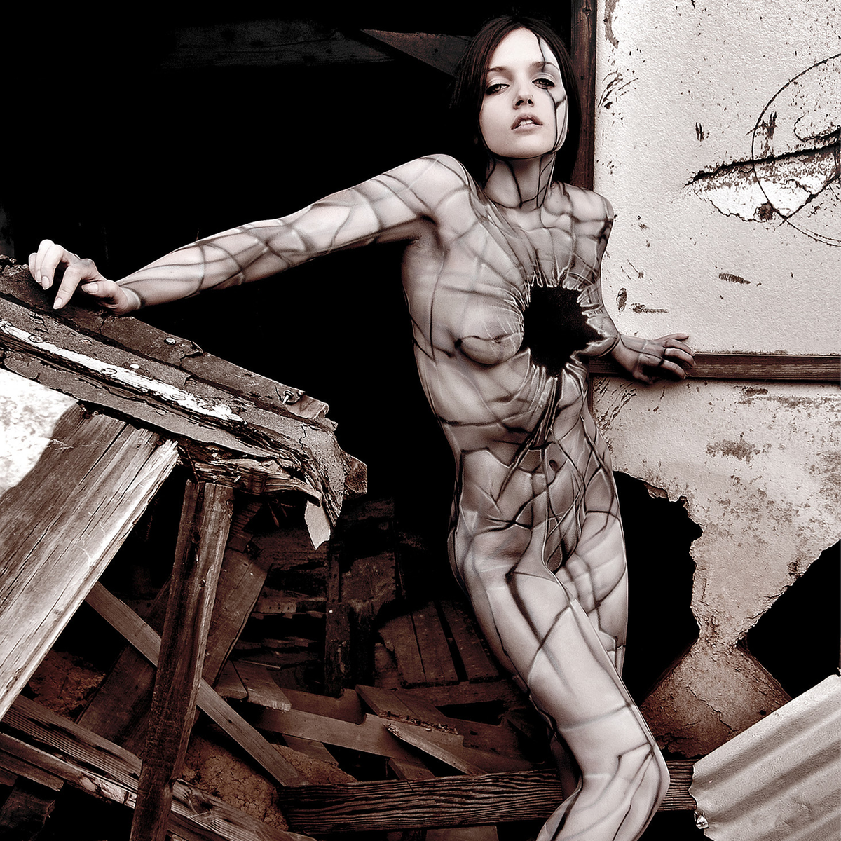 Original Acrylic Abandoned by Paul Roustan; monochrome portrait of a woman in a patterned bodysuit amid debris.