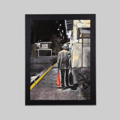 Long Day, original painting by John Sherry; urban scene with dark left half and yellow-beige architecture.