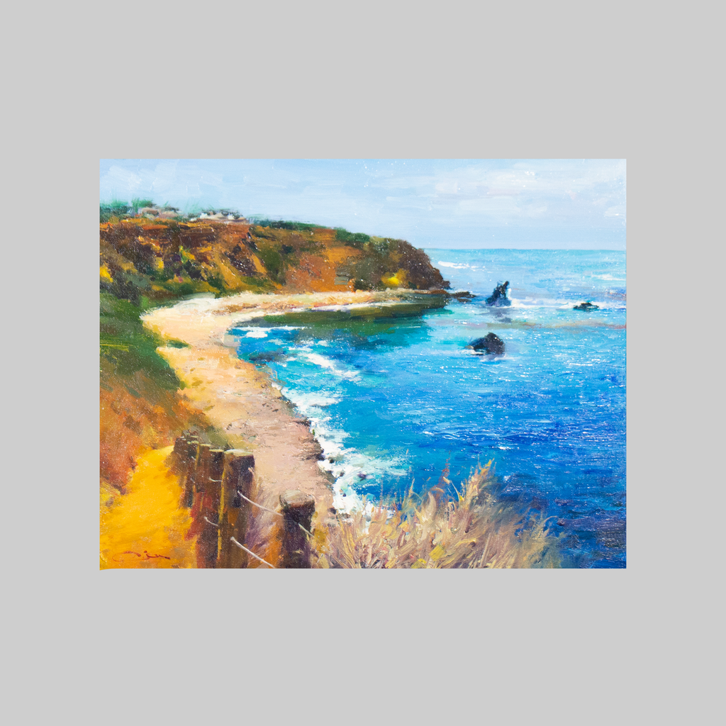 Artwork Above Abalone Cove by Charlton Chen; impressionistic coastal cliffside with blue sea and sky