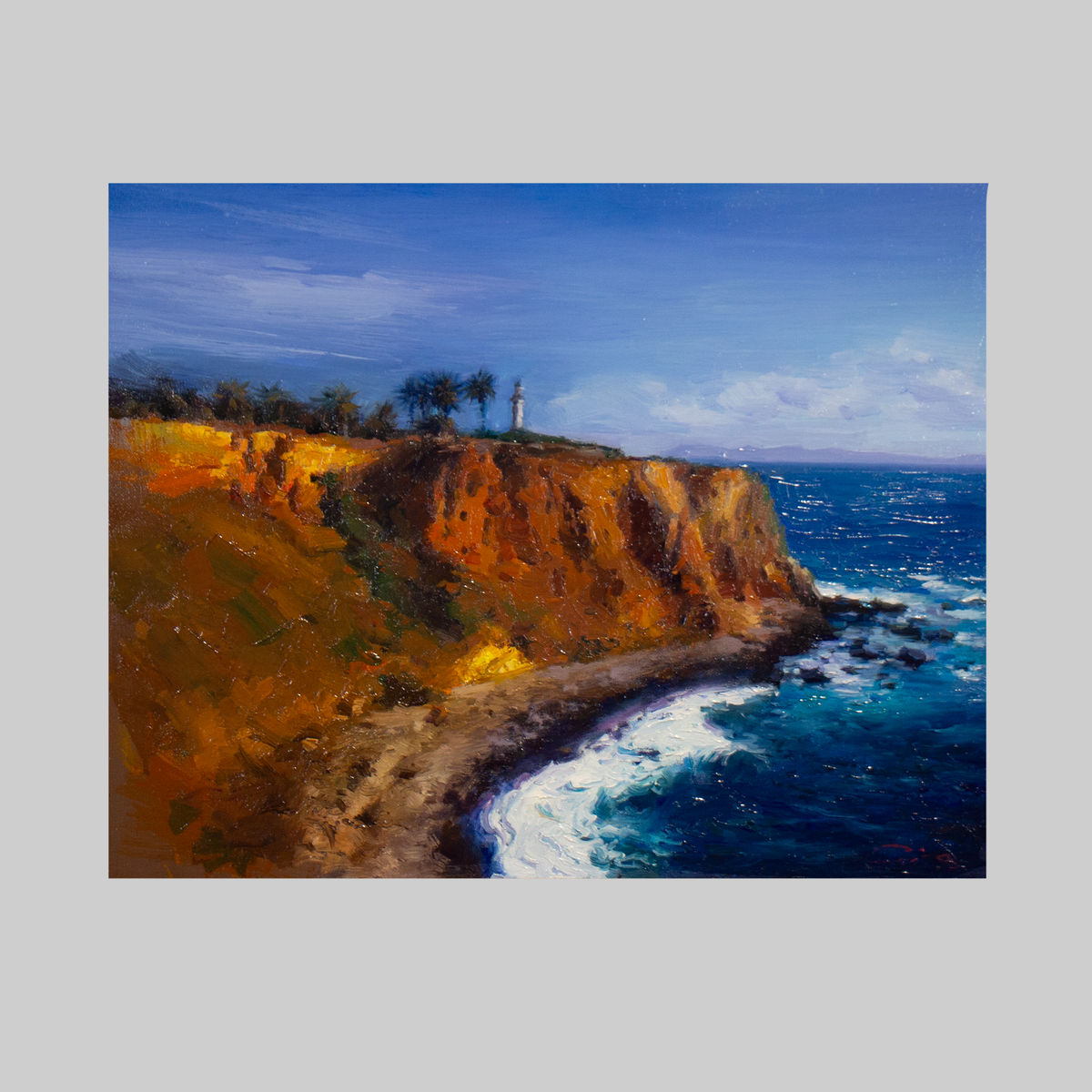 Untitled, original Charlton Chen artwork: coastal landscape with orange cliffs and blue sea.