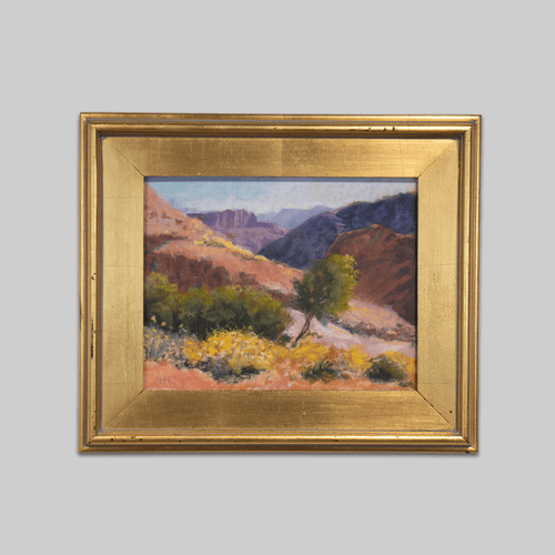 Grand Canyon in Bloom, original Lynn Attig landscape painting with gold frame.