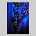 Voyeur by Paul Roustan, neon body-paint photograph of a torso with blue/purple tones and lime-green squares.
