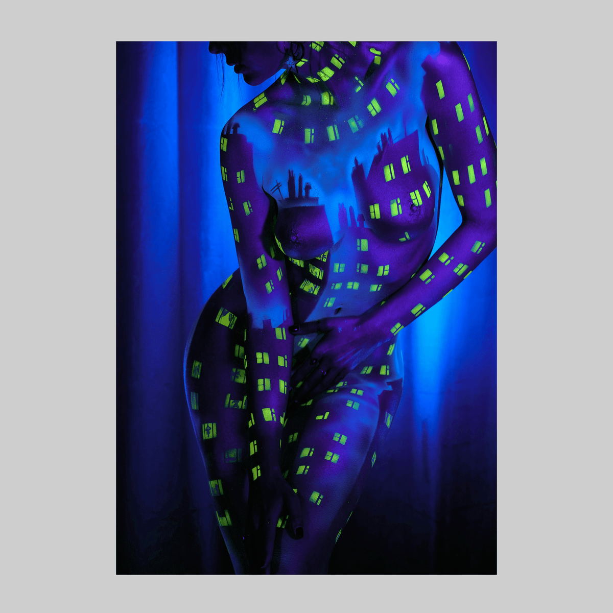 Voyeur by Paul Roustan, neon body-paint photograph of a torso with blue/purple tones and lime-green squares.