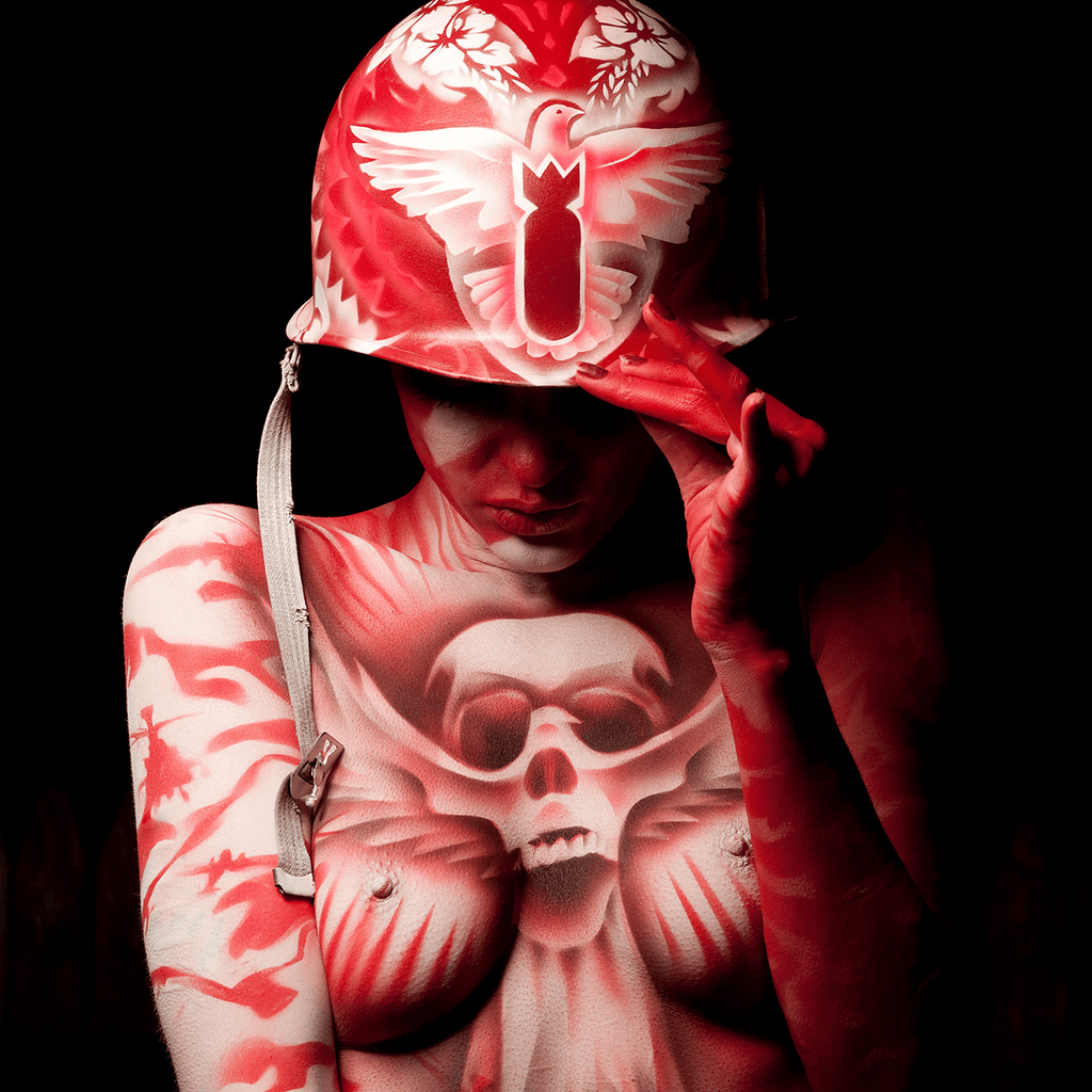 Photograph War and Peace by VEFA Gallery: red body paint with white bird motif on helmet