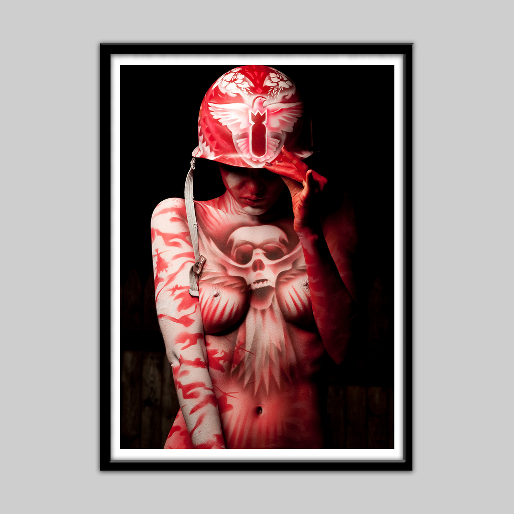 Print War and Peace by Paul Roustan, red bodypaint portrait with white feathered helmet design