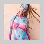 Watercolor print by Paul Roustan - model with blue and pink body paint against a peach wall.