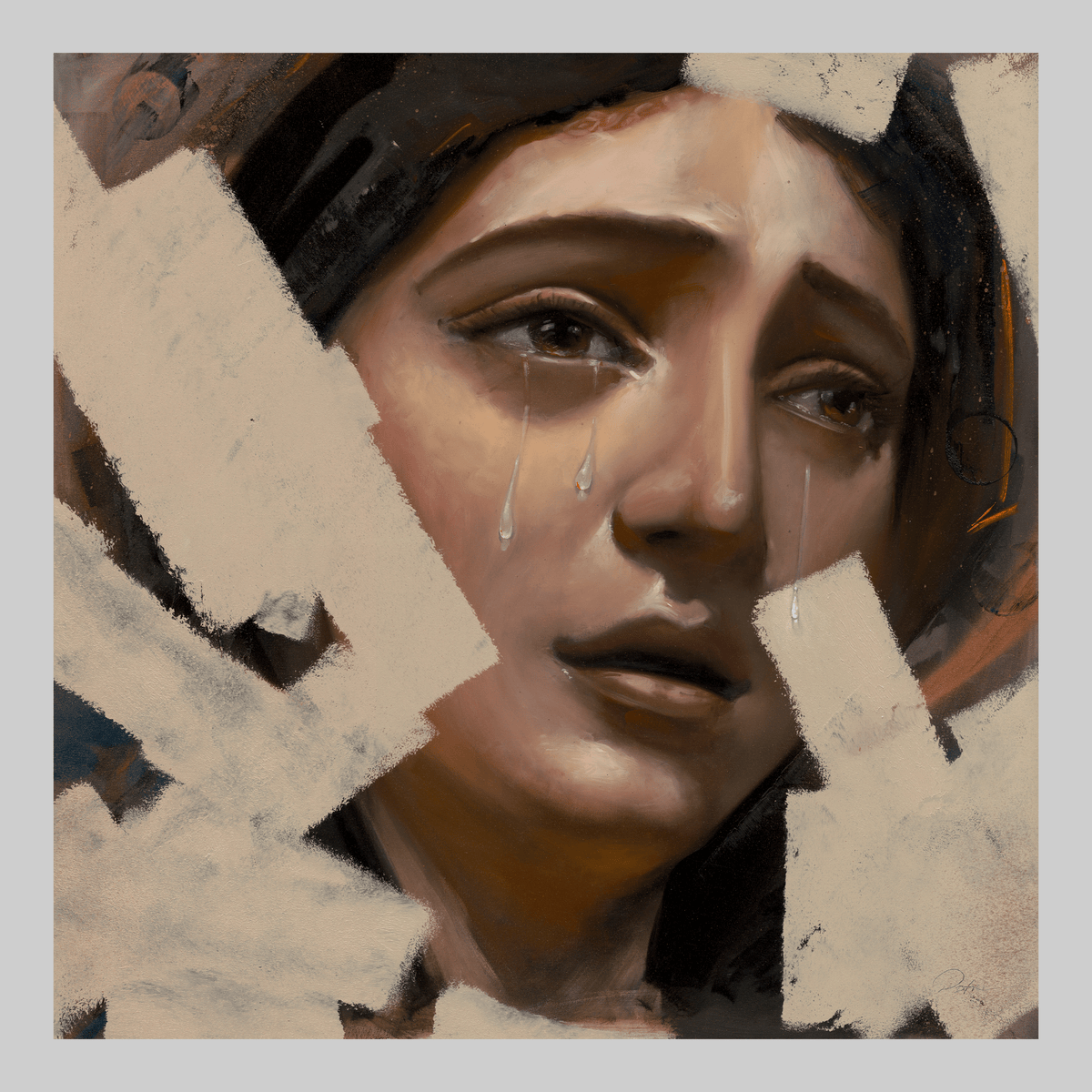 Weeping Woman, original artwork by Alfredo Gonzalez; close-up of tearful face in warm tones.