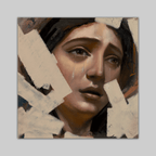 Original Weeping Woman by Alfredo Gonzalez; close-up portrait of a woman's face with tear trails in oil on canvas.