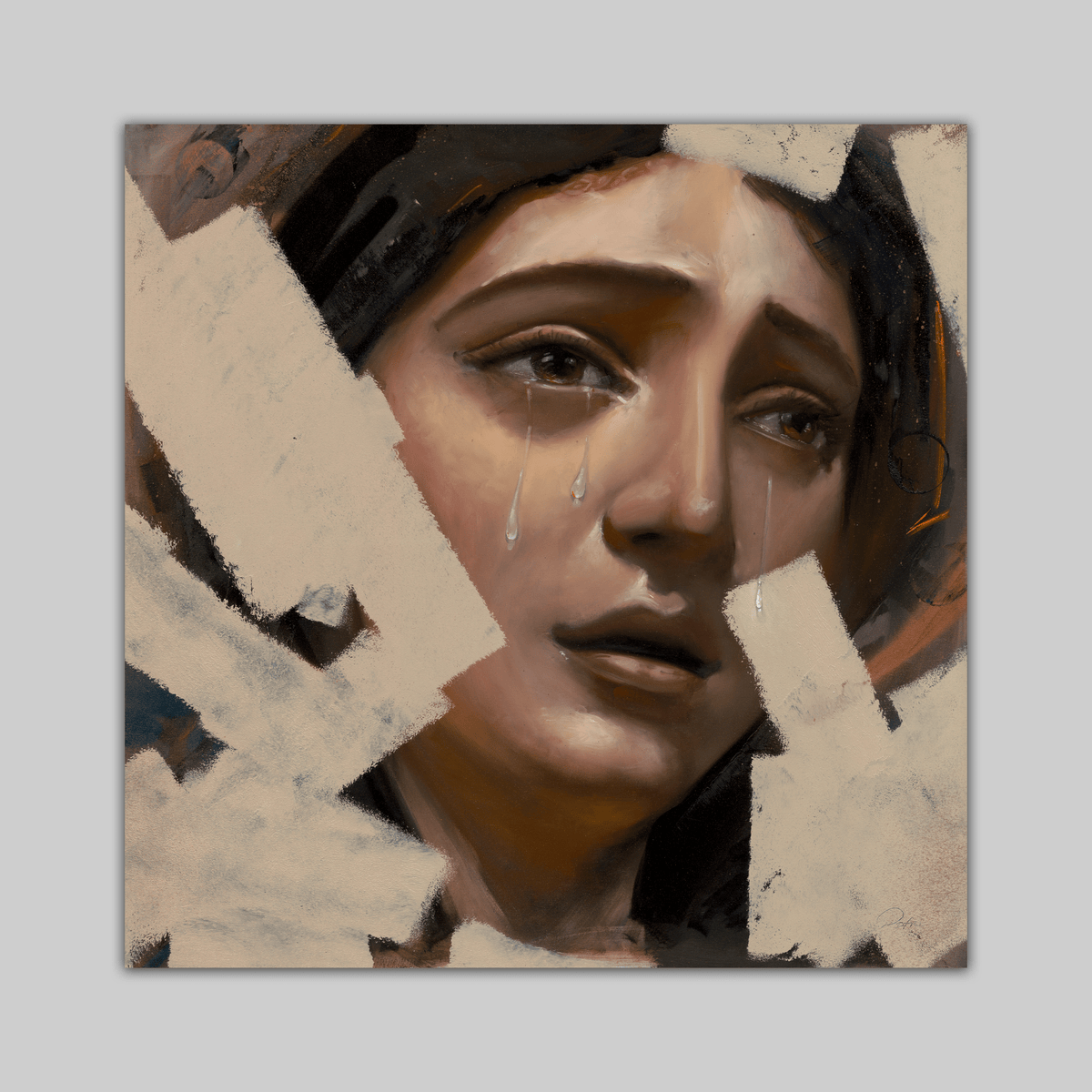 Original Weeping Woman by Alfredo Gonzalez; close-up portrait of a woman's face with tear trails in oil on canvas.